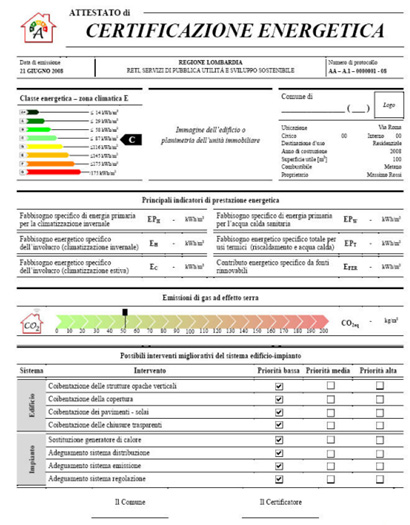 Attestato di Certificazione Energetica esempio fac simile